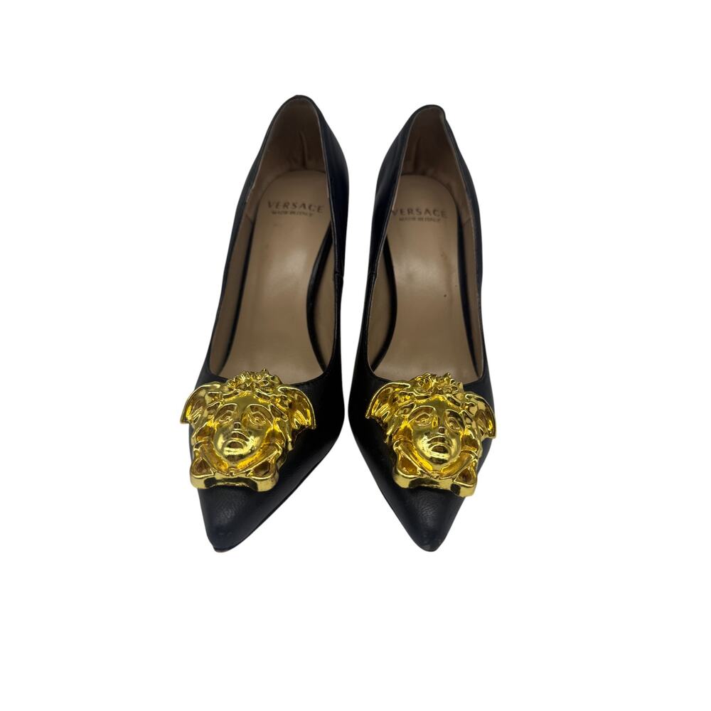 Versace Pointed Toe Pumps Heels Black  Leather La Medusa Embellished Size 36
